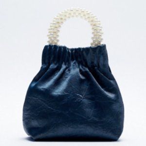 PEARL HANDLE CROSSBODY CHAIN SHOULDER STRAP BLUE SATIN BAG